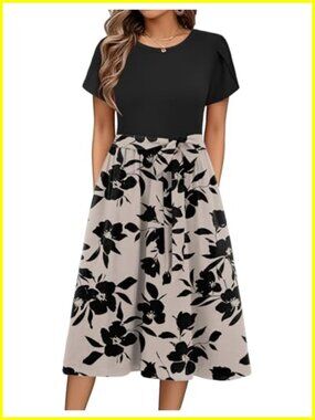 Women's Midi Dress with Pockets Floral Short Sleeve Casual Summer Sundress